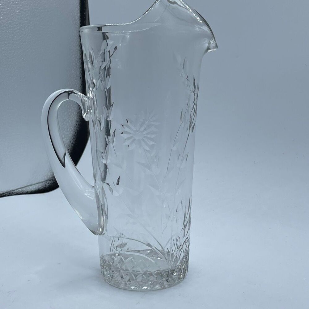Antique American Brilliant Period glass pitcher etched floral cut out leaf desig